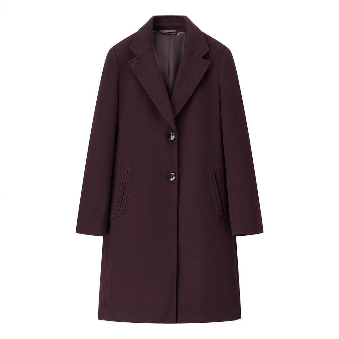 Women's Longline Single-Breasted Wool Blend Coat with Notched Collar and Welt Pockets Mune Fashion