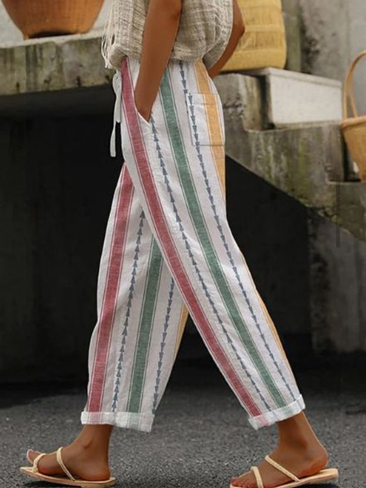 Women's Wide Linen Pants with Striped Pattern Mune Fashion