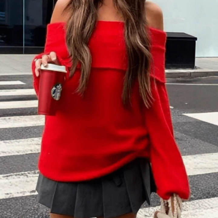 Women's Off-Shoulder Cozy Fine Knit Sweater with Wide Foldover Collar and Long Sleeves Mune Fashion