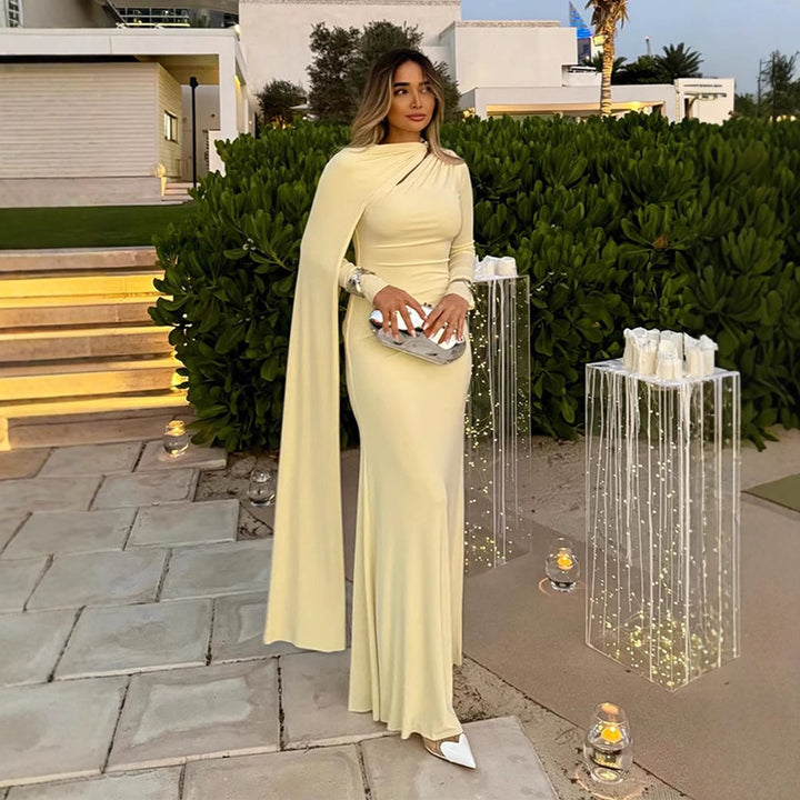Women's Tailored Maxi Dress with Asymmetric Cape and High Collar Mune Fashion