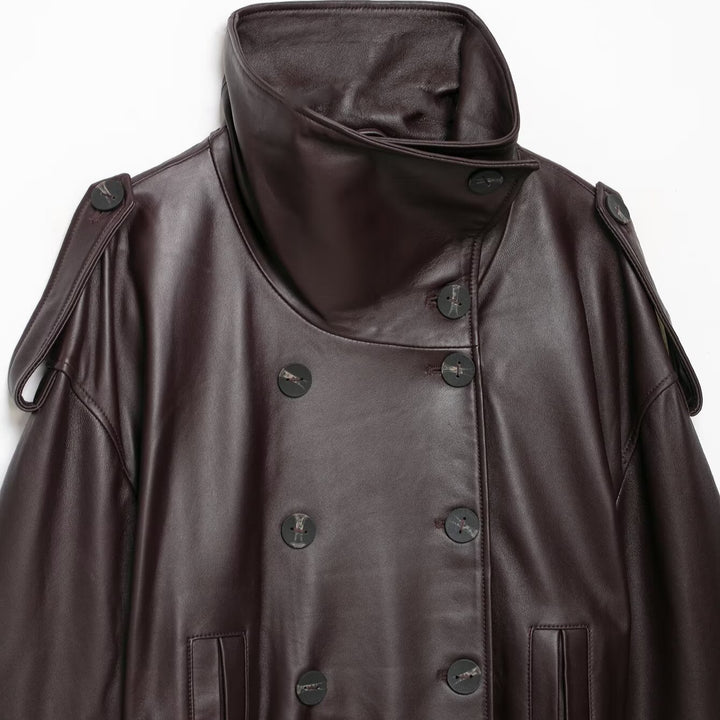 Women Short Leather Trench Coat Jacket with High Standing Collar, Double-Breasted Button Placket and Waist Belt Mune Fashion