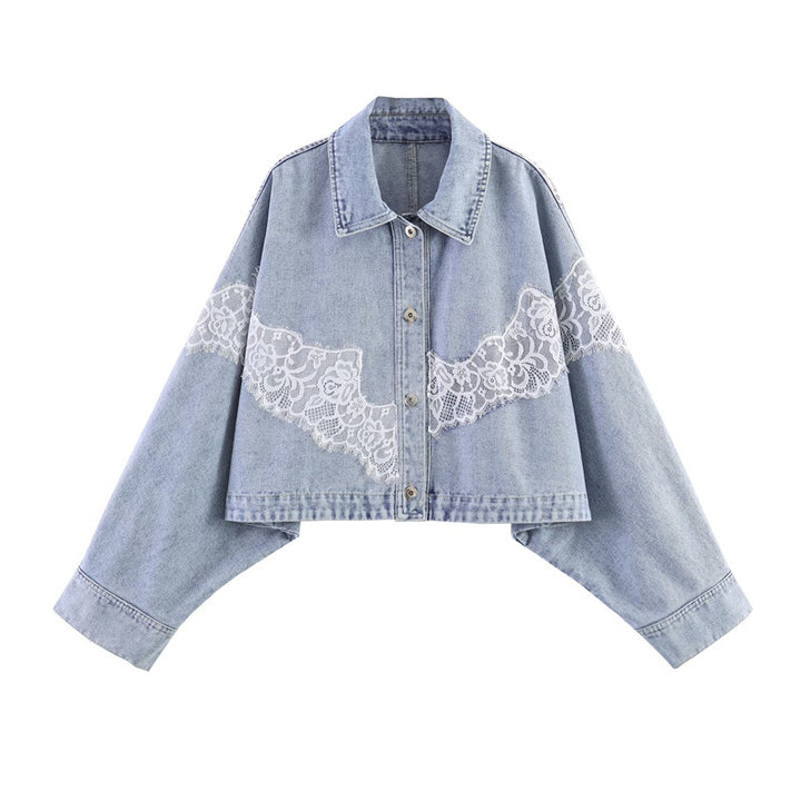 Women cropped denim jacket with lace trim and dropped shoulder Mune Fashion