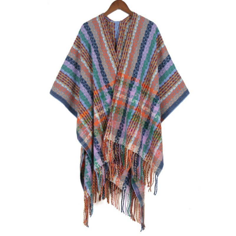 Women's Multicolored Woven Poncho in Boho Patchwork Design with Fringes Mune Fashion