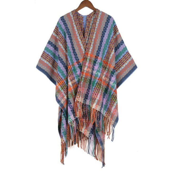 Women's Multicolored Woven Poncho in Boho Patchwork Design with Fringes Mune Fashion