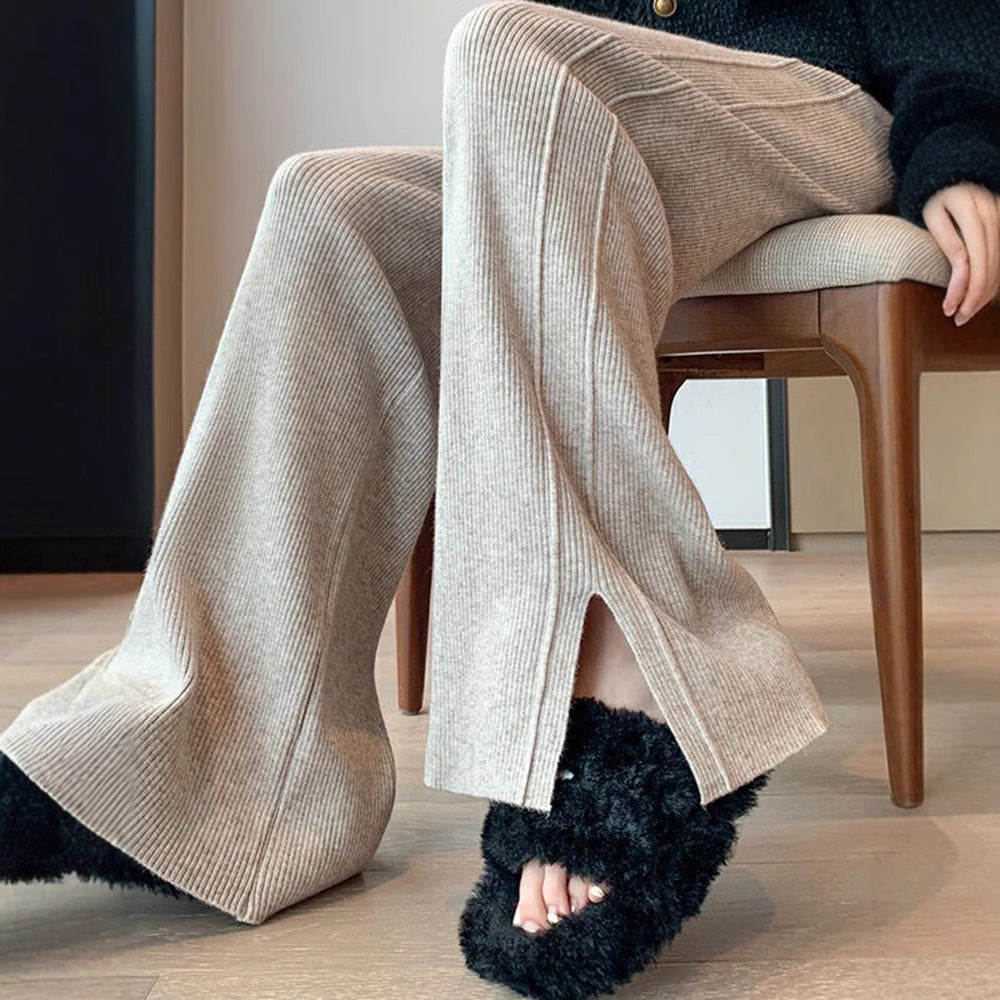 Ladies Stylish Ribbed Knit Pants with Side Slits Mune Fashion