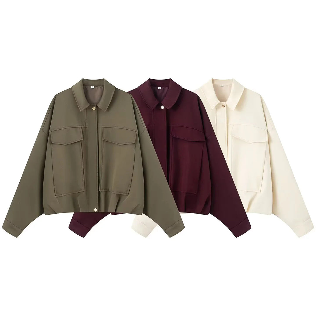 Women nan cropped overshirt jacket with extra long sleeve part, large flap pockets and hidden button placket Mune Fashion