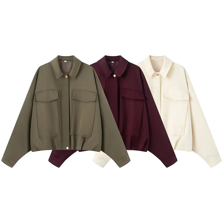 Women nan cropped overshirt jacket with extra long sleeve part, large flap pockets and hidden button placket Mune Fashion
