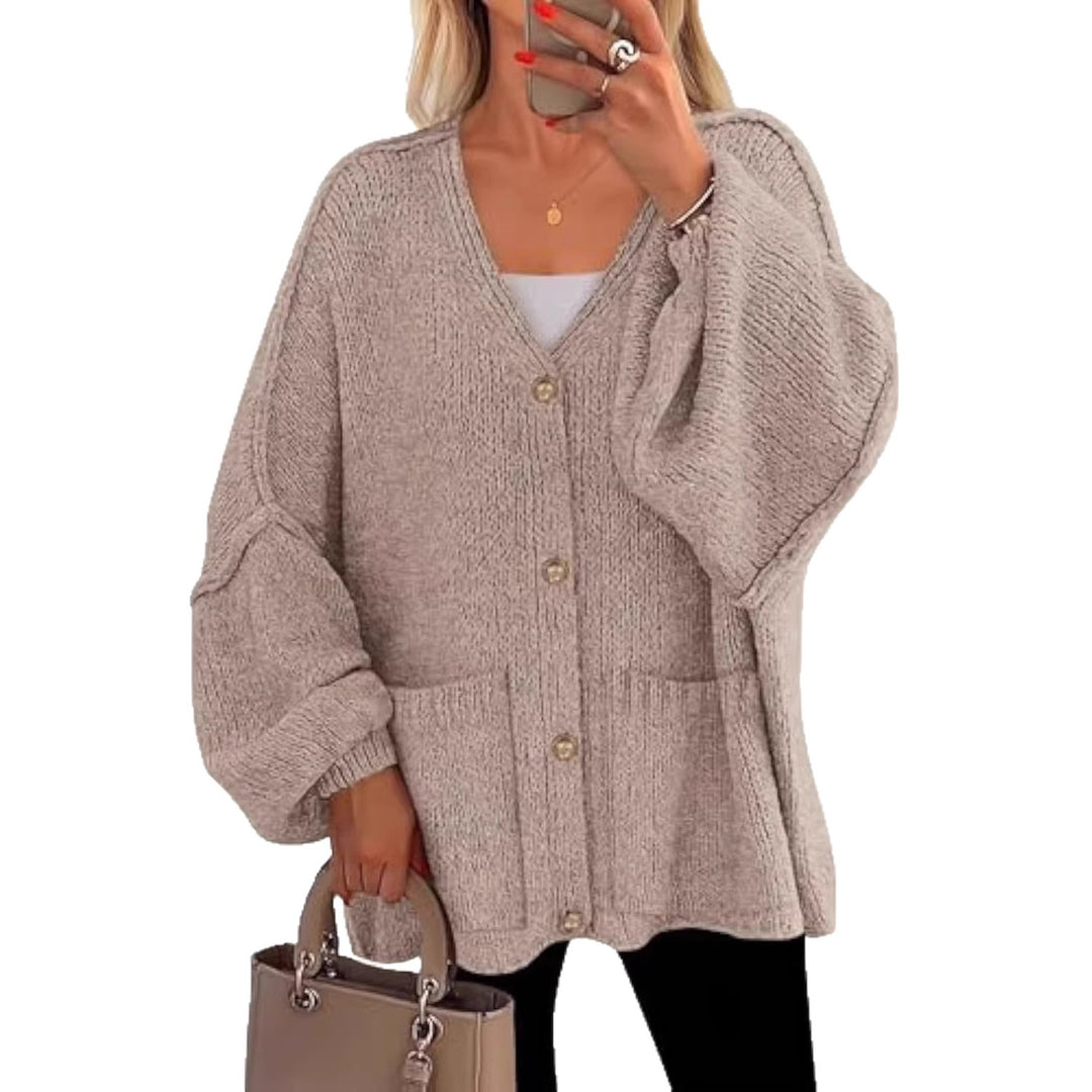Women Oversized Knit Cardigan with V-Neck, Golden Decorative Buttons and Patch Pockets Drune