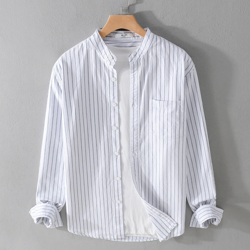 Men's Lightweight Stand Collar Long Sleeve Shirt made of Cotton Blend with Fine Pinstripe and Chest Pocket Mune Fashion