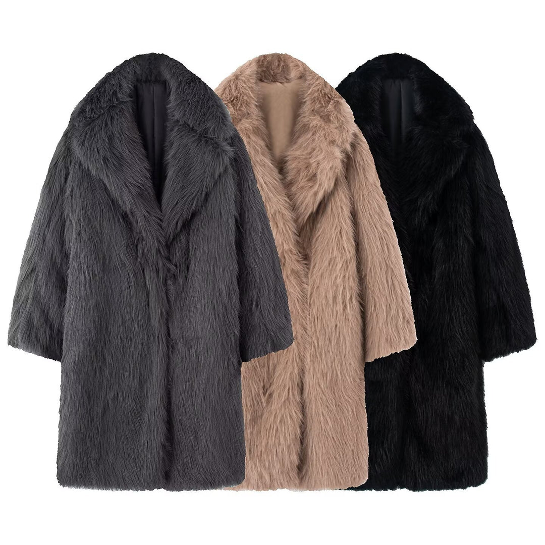 Women Long Oversize Faux Fur Coat with Voluminous Shawl Collar Mune Fashion