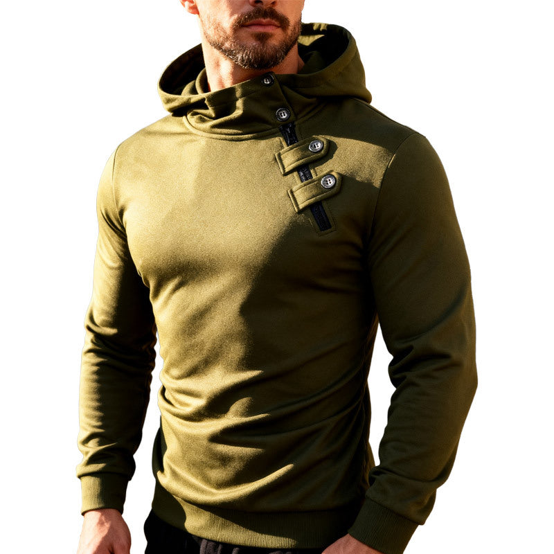 Men's fitted hoodie with high collar, decorative tabs and concealed diagonal zipper Mune Fashion