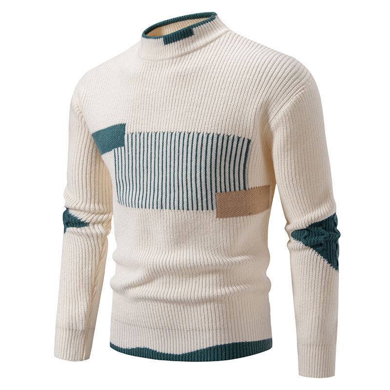 Men's fine ribbed knitted pullover with stand-up collar and contrast block design Mune Fashion