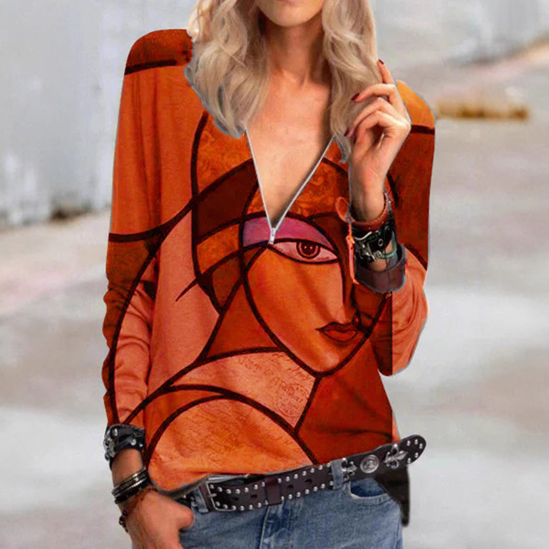 Women's V neck long sleeve shirt with abstract cubist print and zipper Mune Fashion