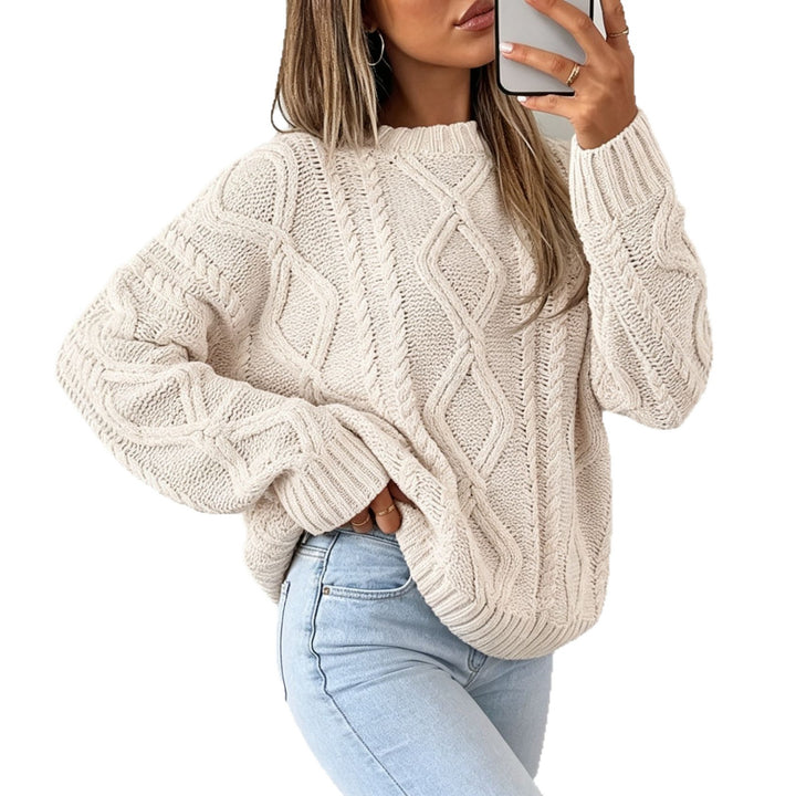 Women's Oversize Braided Knit Sweater with Cable Pattern and Round Neck Mune Fashion