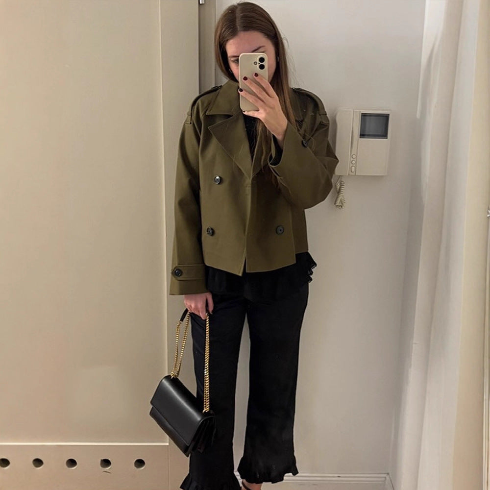 Women's Cropped Double-Breasted Trench Coat with Boxy Silhouette and Patch Pockets Mune Fashion