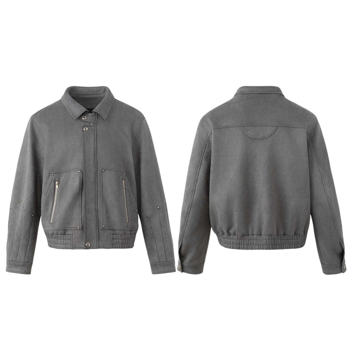 Men's short velour jacket with utility pockets, zippers, and high stand-up collar Mune Fashion