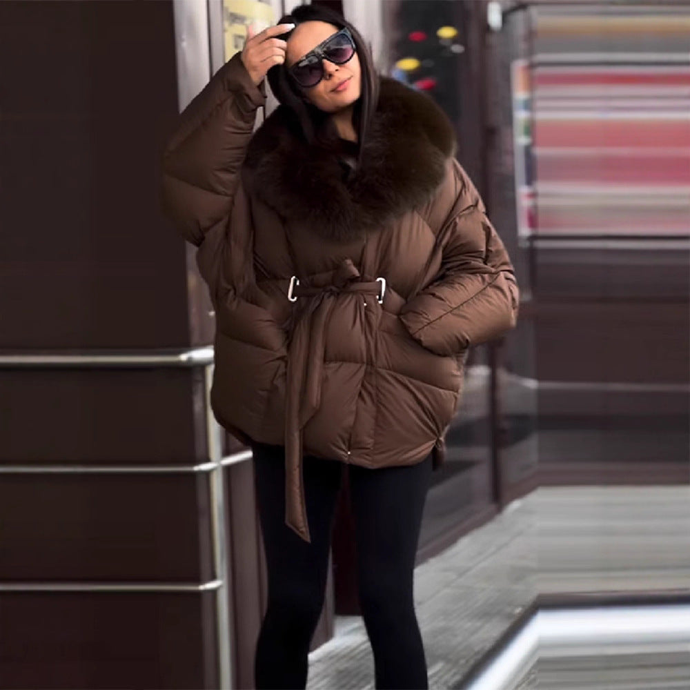 Women's Oversized Puffer Jacket with Waist Belt and Faux Fur Collar Mune Fashion