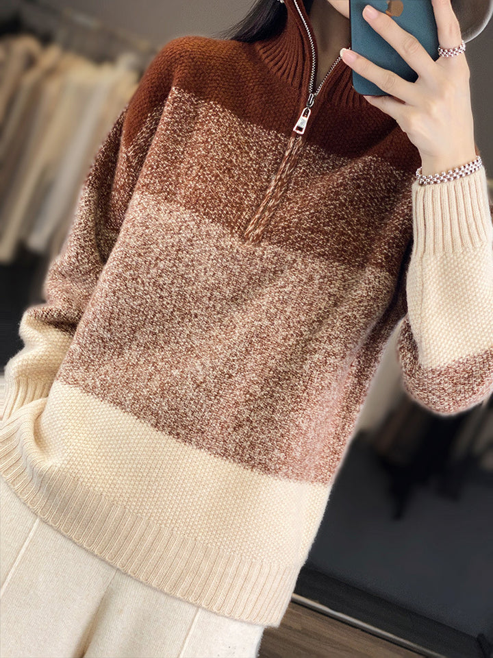 Women's Oversize Knit Sweater with Half Zip, Mélange Block Stripes and Soft Pile Mune Fashion