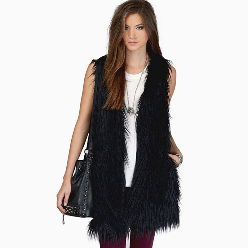 Ladies long sleeveless shaggy faux fur vest with concealing A-line and soft high-pile Mune Fashion