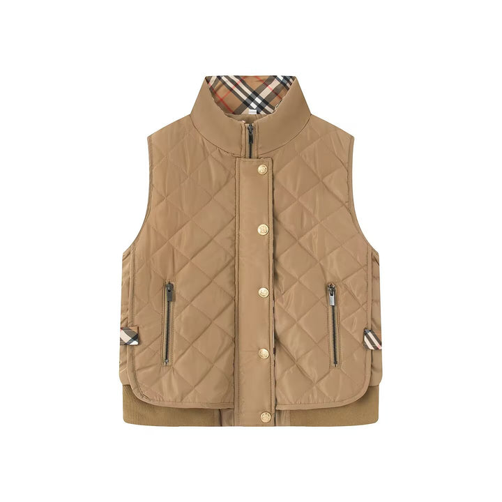 Women's quilted vest with stand-up collar, zippered pockets, and checked lining Mune Fashion