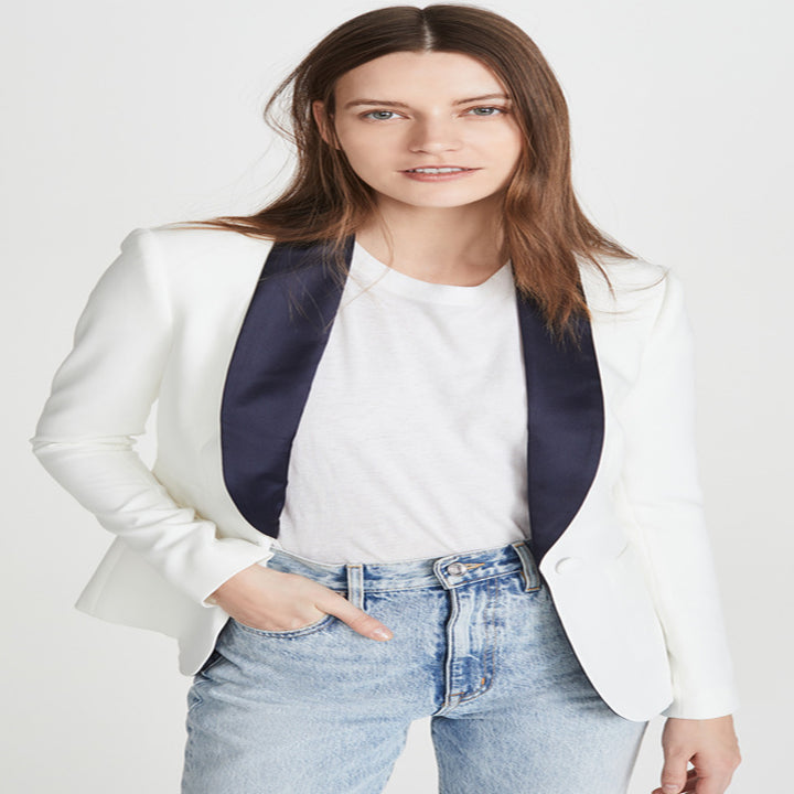 Women's Tailored Tuxedo Blazer with Satin Shawl Collar and One-Button Front Mune Fashion