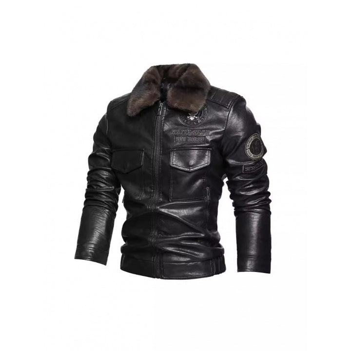 Men's leather jacket with faux fur collar Mune Fashion