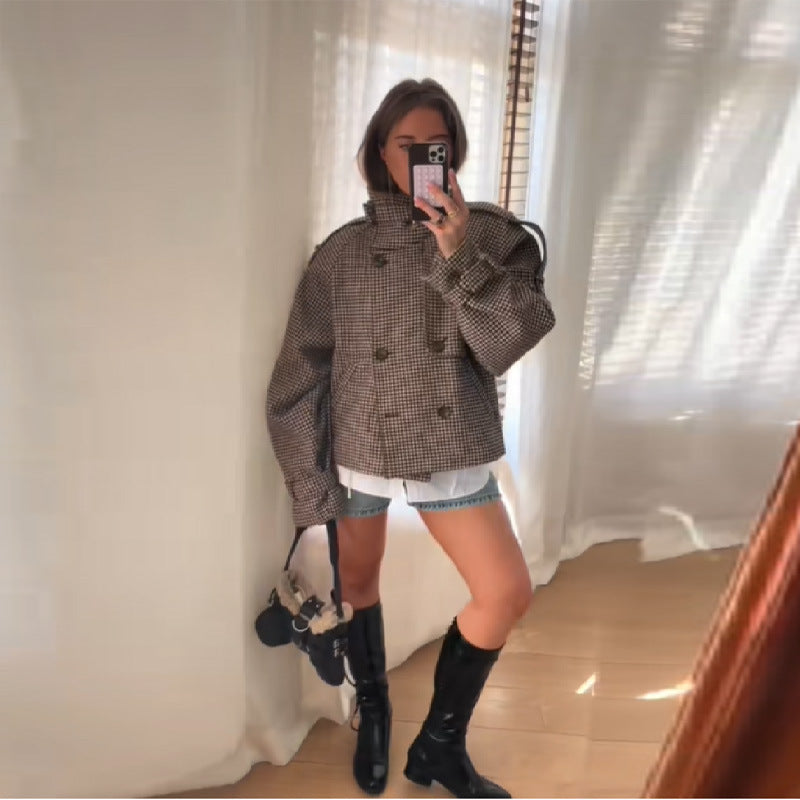 Women Short Houndstooth Wool Blend Coat with Wide Lapel Collar Mune Fashion