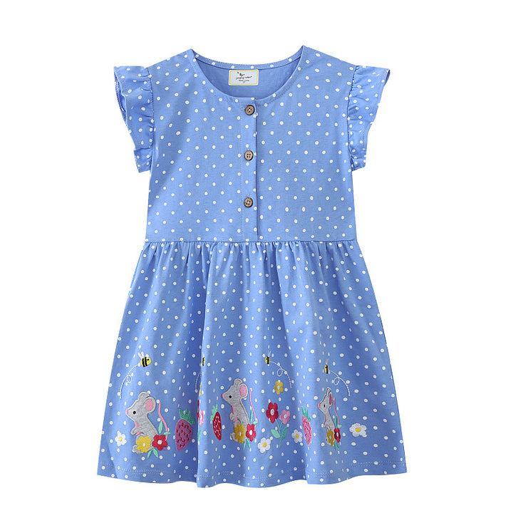 Girls' casual dress with cute mouse and flower embroideries Mune Fashion