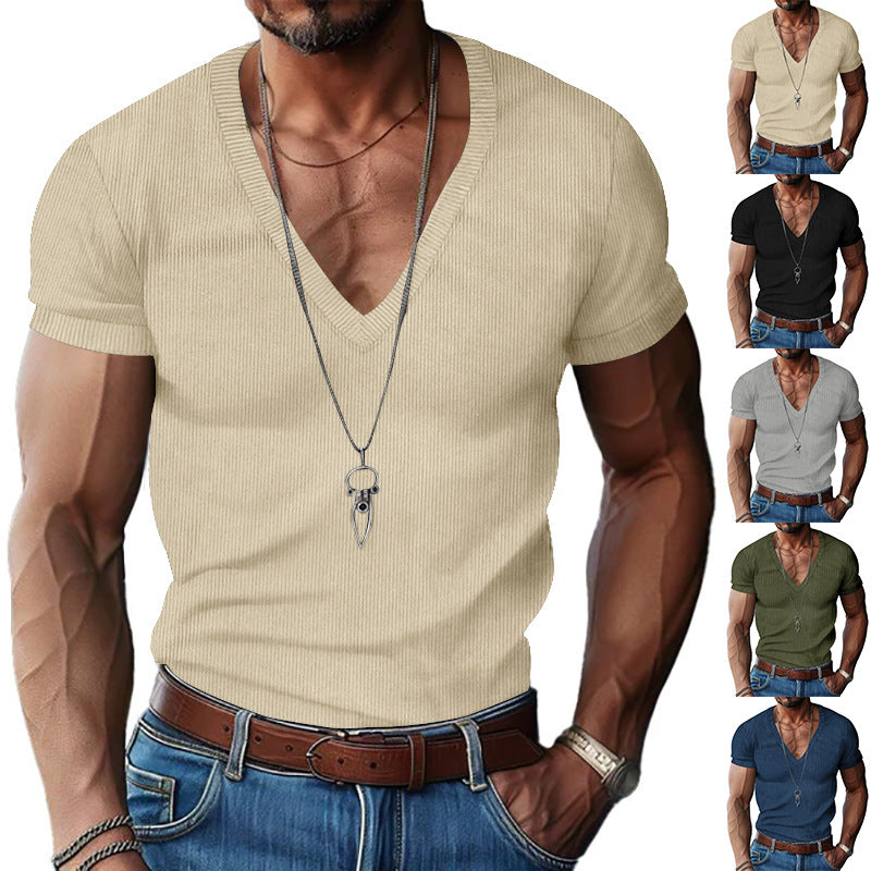 Men's structured V-neck ribbed jersey shirt with short sleeves and a slim fit Mune Fashion