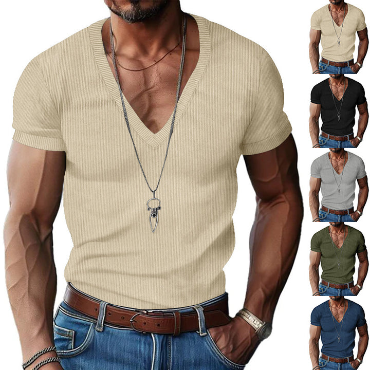 Men's structured V-neck ribbed jersey shirt with short sleeves and a slim fit Mune Fashion