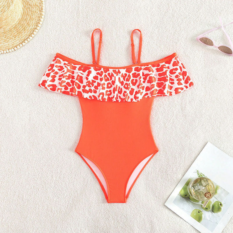 Women's one-piece swimsuit with cheerful ruffle design and stylish leopard pattern Mune Fashion
