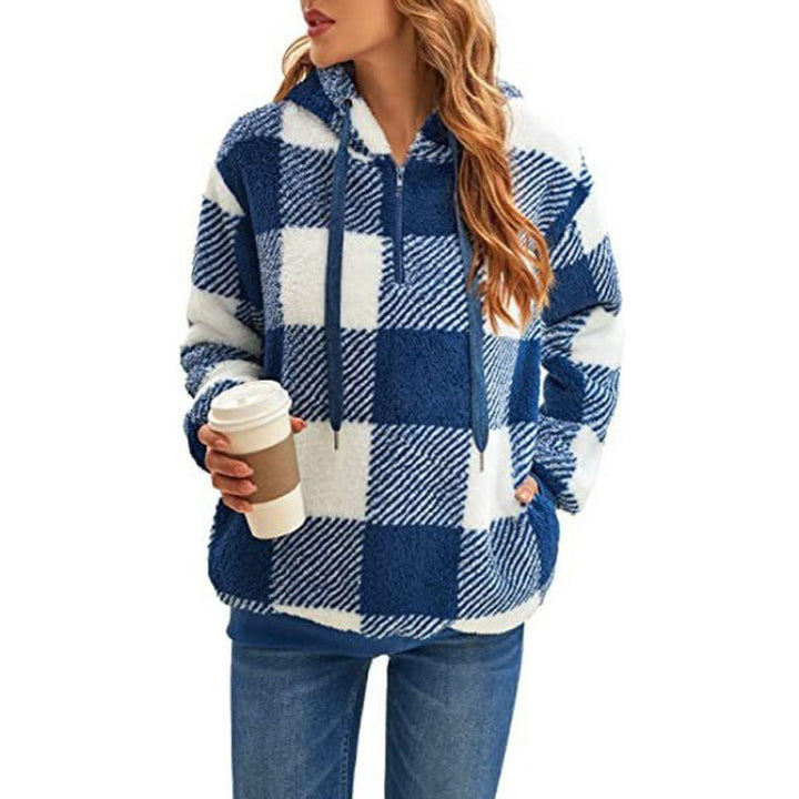 Women's Oversized Sherpa Hoodie in Check Pattern with Half Zipper and Kangaroo Pocket Mune Fashion