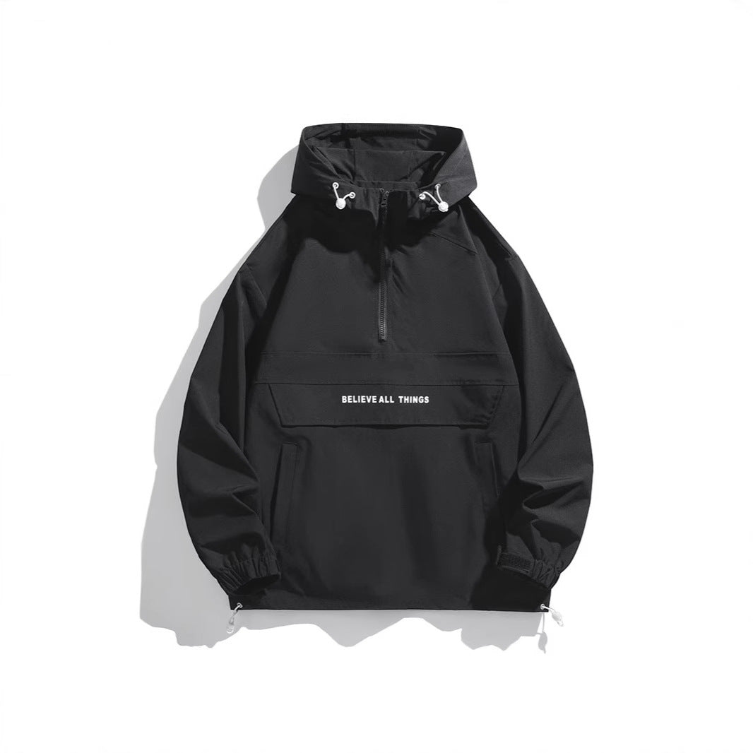 Men's hooded anorak with half zipper, kangaroo pocket and adjustable hem Mune Fashion