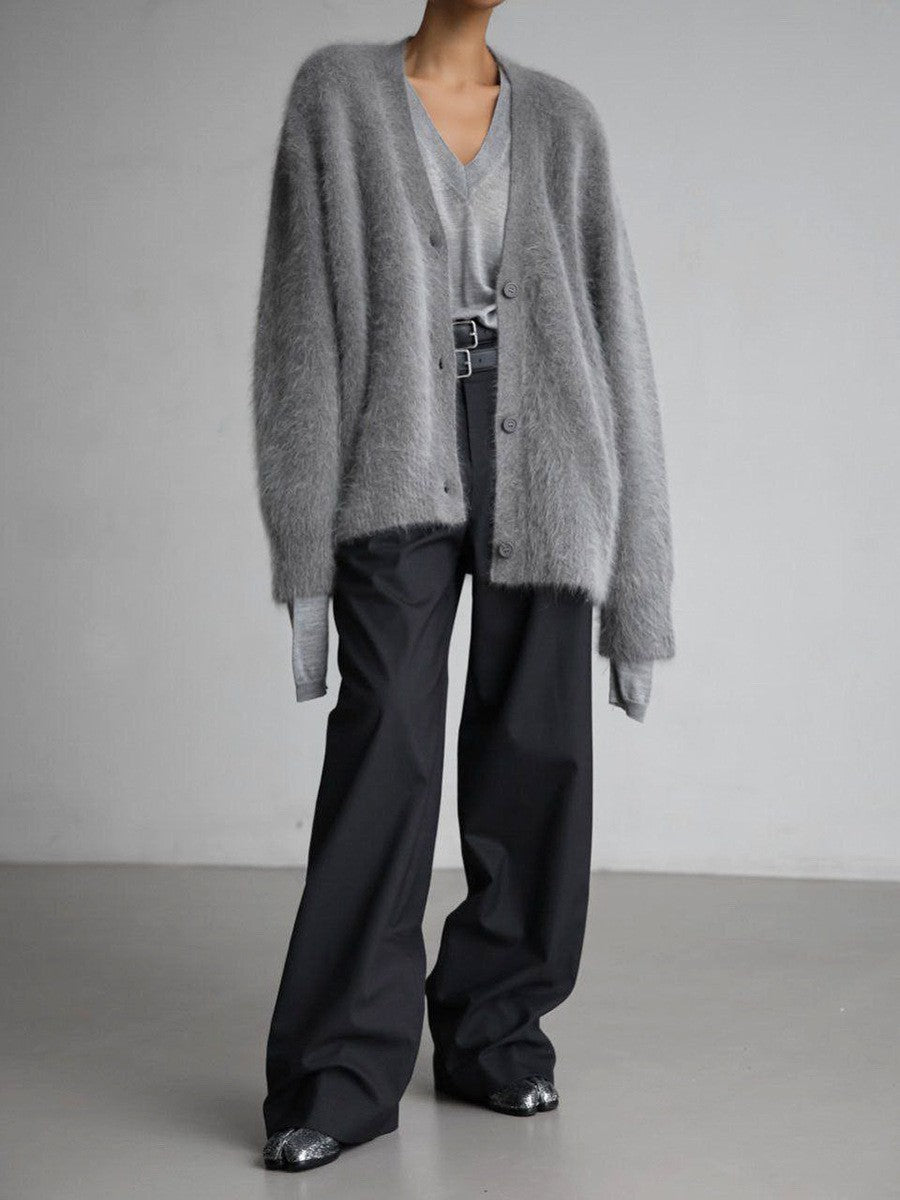 Women Fluffy Mohair-Optic Cardigan with V-Neck and Oversize Cut Mune Fashion