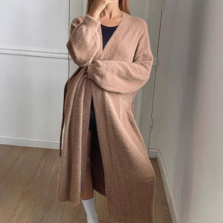 Women's Long Wrap Cardigan in Fuzzy Look with Tie Belt Mune Fashion