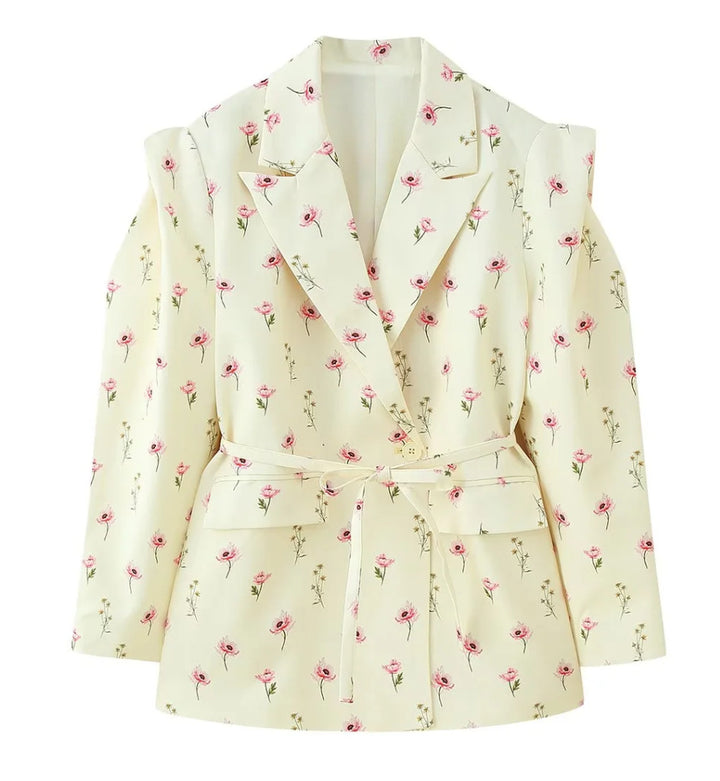 Women's blazer with shoulder cutouts, belted waist and single button closure Mune Fashion
