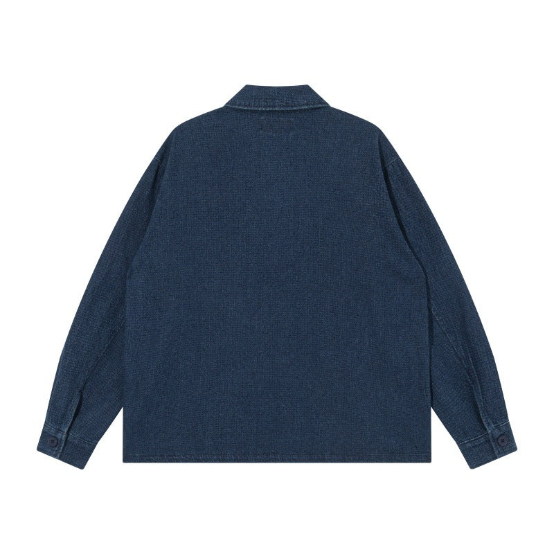 Men's short-cut denim chore jacket in boxy blouson style with Chinese toggle button placket Mune Fashion
