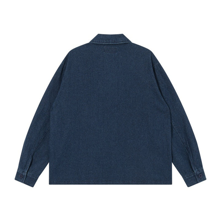 Men's short-cut denim chore jacket in boxy blouson style with Chinese toggle button placket Mune Fashion