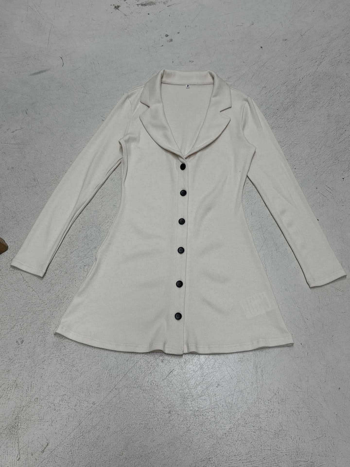 Women Long Knit Button Cardigan with Lapel Collar and Flared Hem Mune Fashion