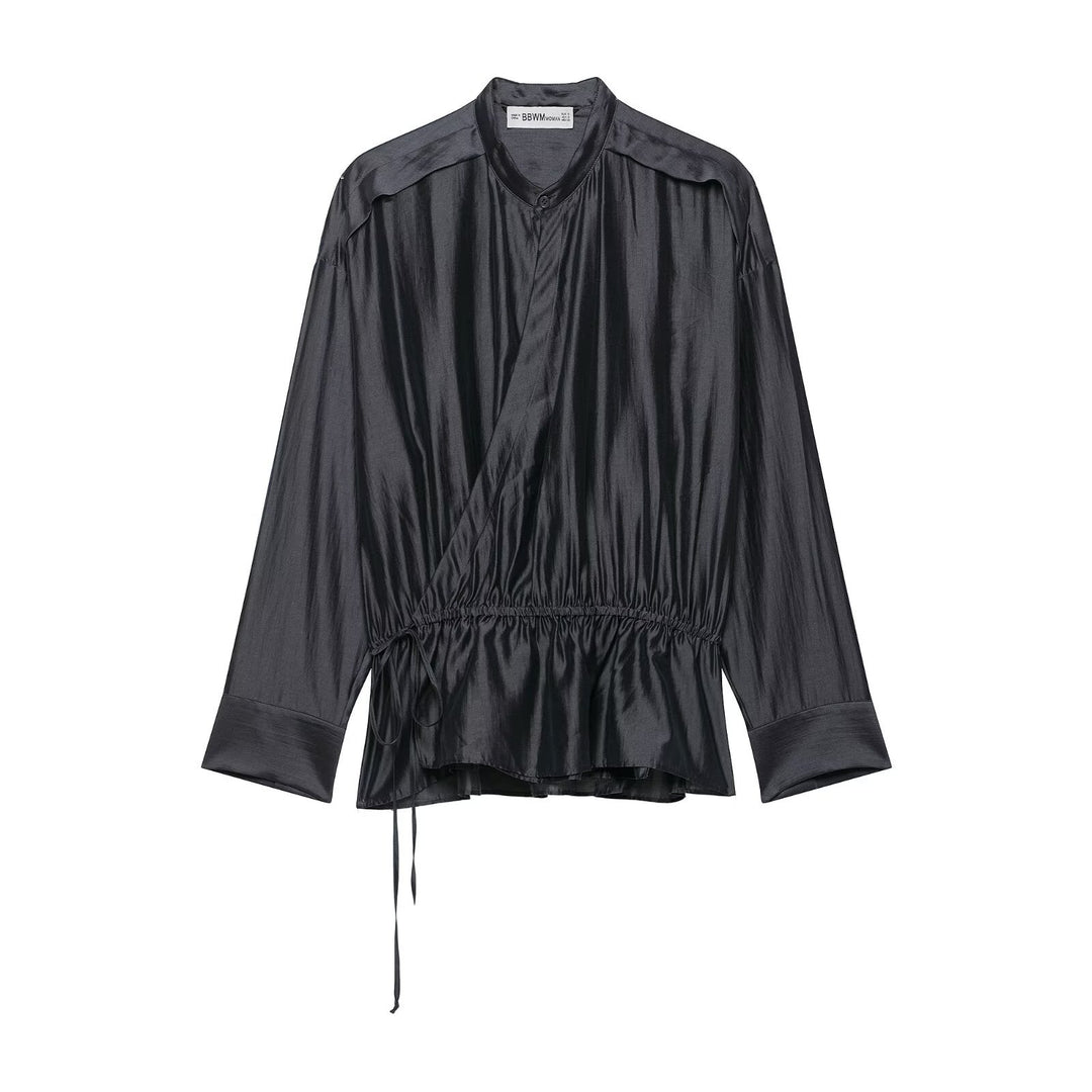 Women’s blouse with stand-up collar, drawstring waistline, and wide cuffs