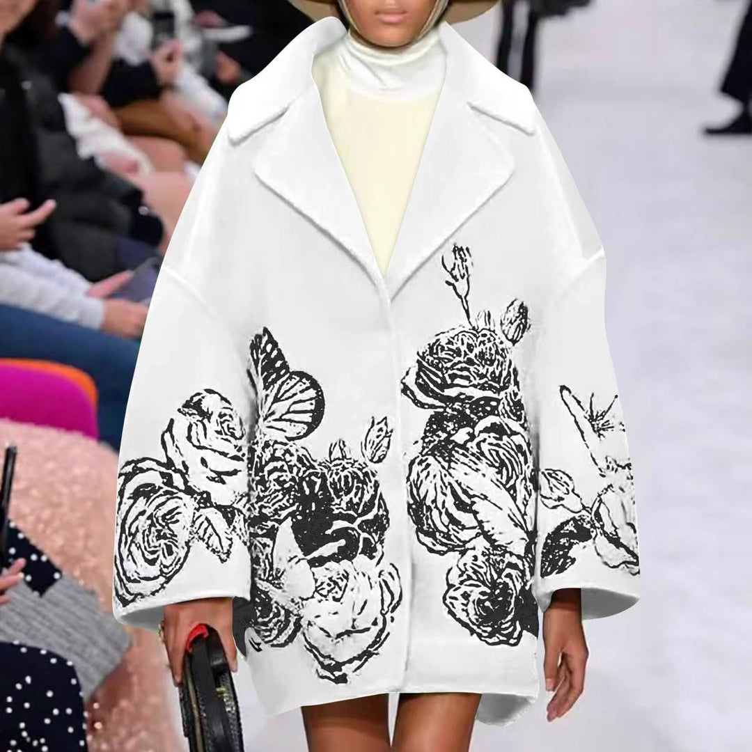 Ladies Oversized Wool Blend Coat with Floral Print and Embroidery Look Mune Fashion