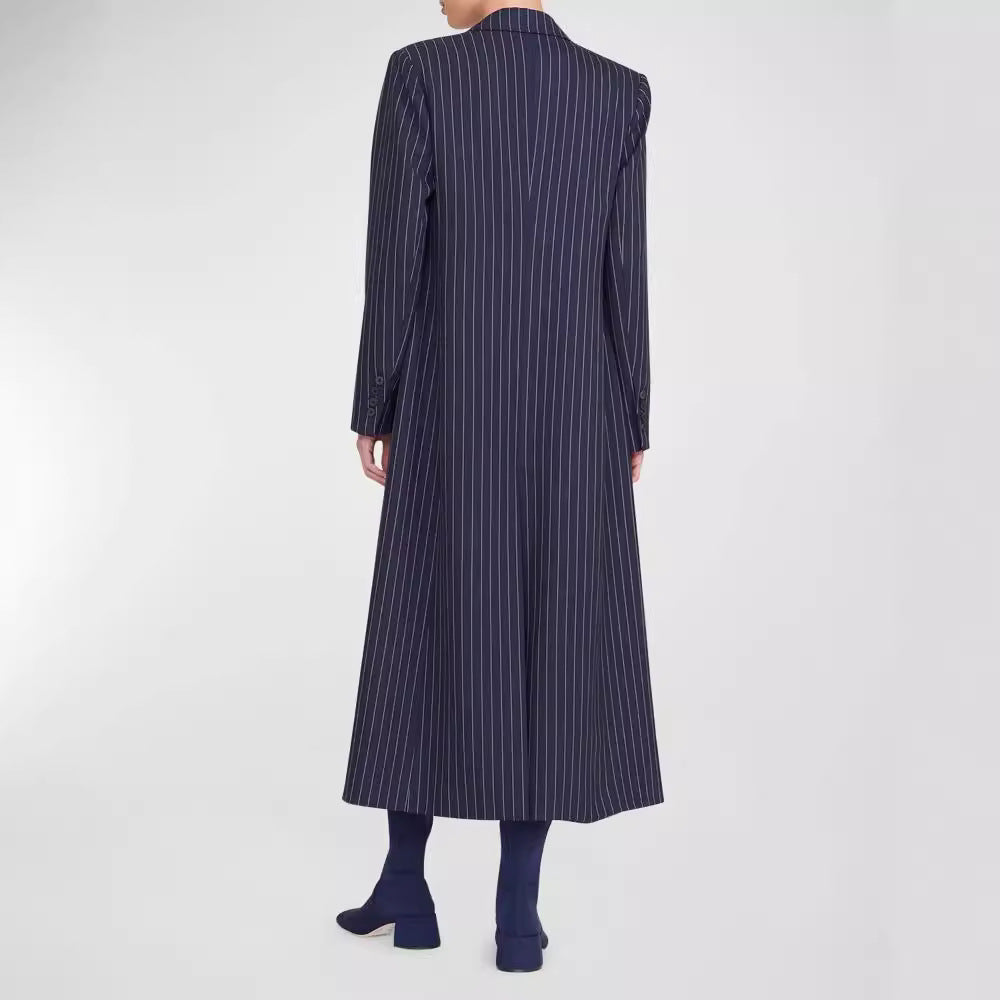 Women's Oversize Longline Coat in Pinstripe Look with Slit and Flap Pockets Mune Fashion
