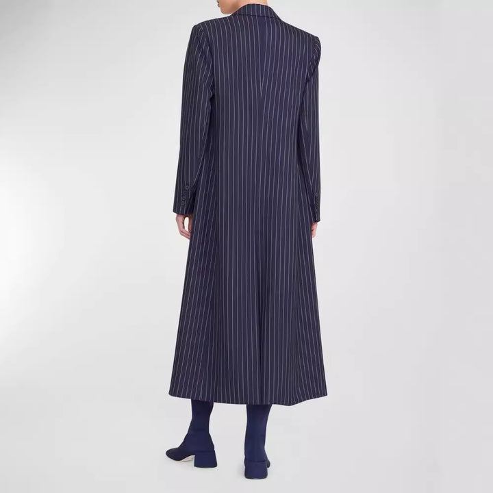 Women's Oversize Longline Coat in Pinstripe Look with Slit and Flap Pockets Mune Fashion