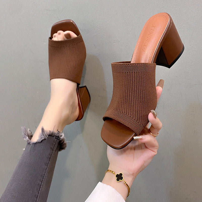 Women's knit mule with open toe area and medium high block heel Mune Fashion