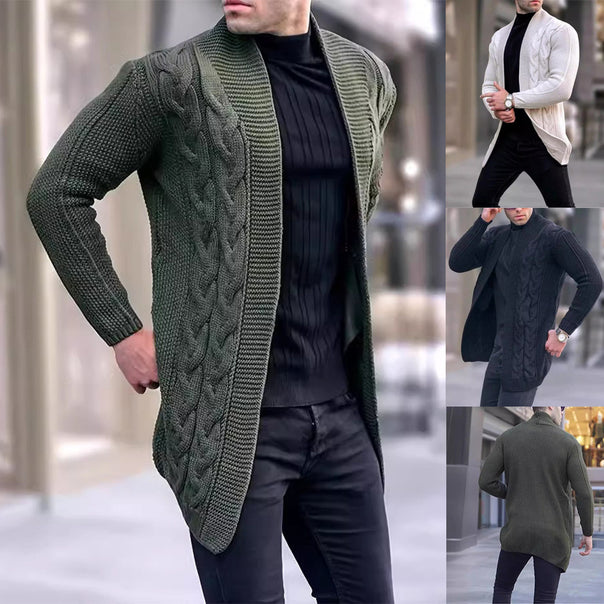 Men's Longline Knitted Cardigan with Shawl Collar, Cable and Pearl Patterns Mune Fashion