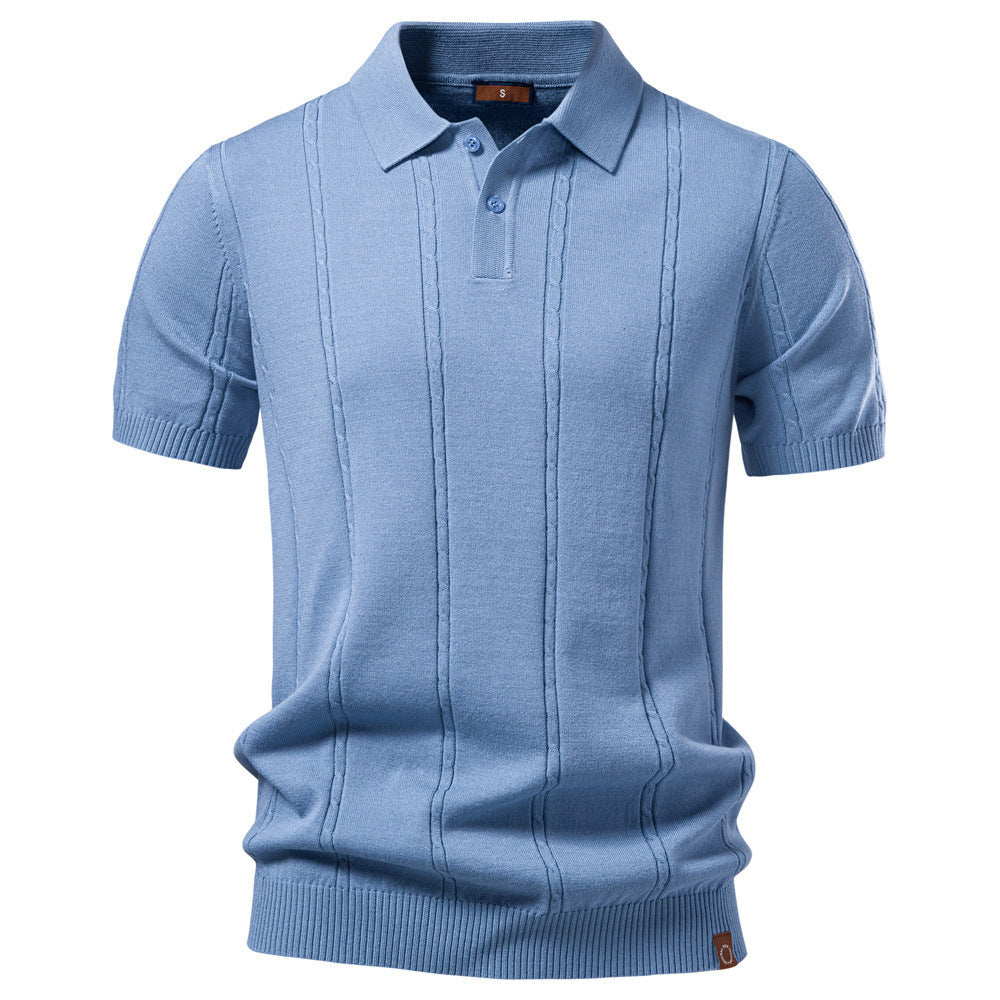 Men's short sleeve knitted polo with textured stripes, ribbed cuffs, and classic polo collar Mune Fashion
