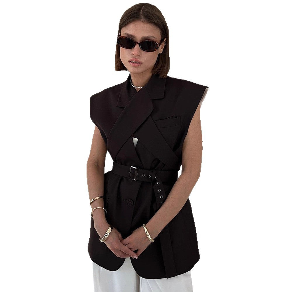 Women Sleeveless Long Blazer Vest with Structured Shoulders and Long Ties Mune Fashion