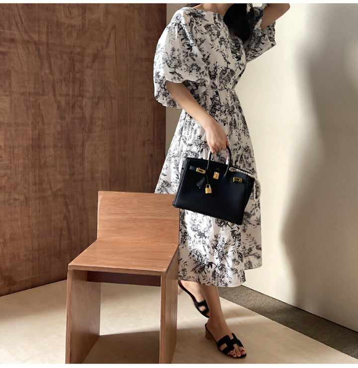 Women's Flared Midi Dress with Floral Toile Look, Puff Sleeves and Side Pockets Mune Fashion