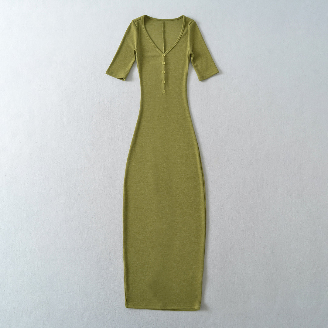 Women's Fitted Midi Dress made of Rib Knit with Button Placket and Half-Length Sleeves Mune Fashion