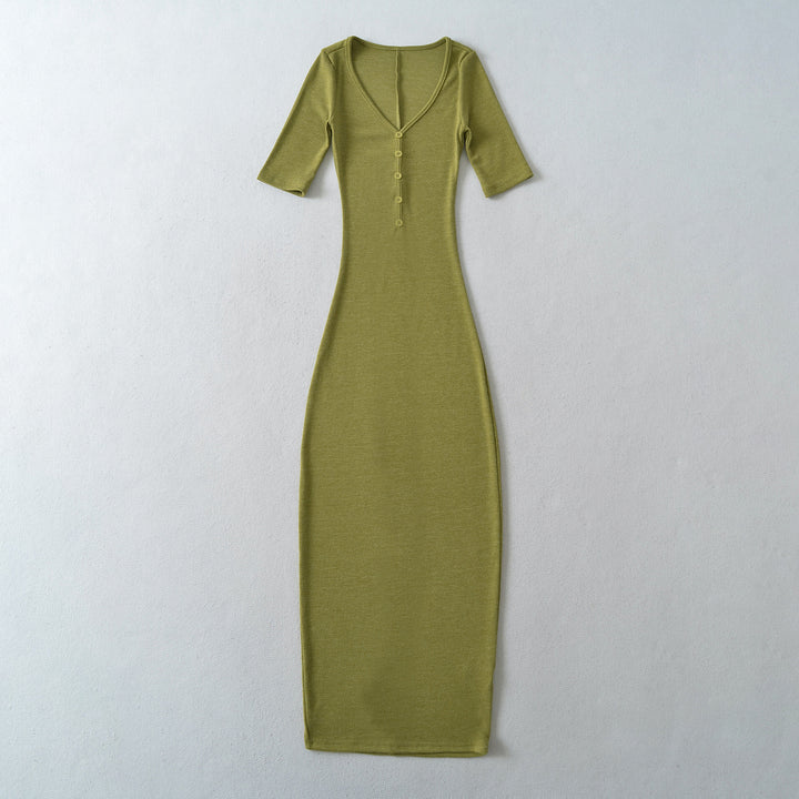 Women's Fitted Midi Dress made of Rib Knit with Button Placket and Half-Length Sleeves Mune Fashion